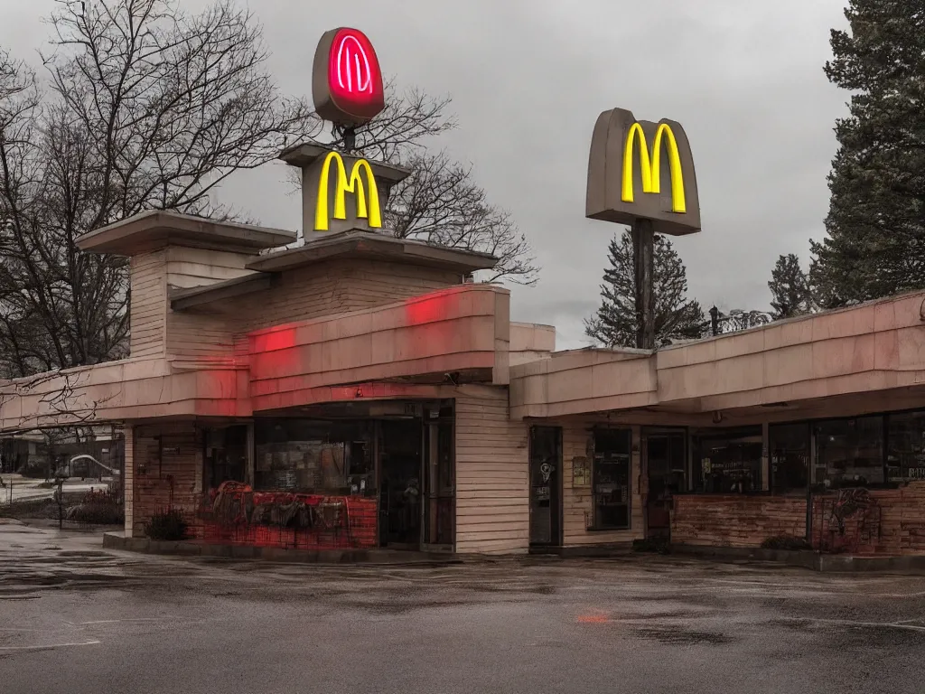 Image similar to the outside of a mcdonald's in the upside down from stranger things, ominous, dark, gloomy, hdr, moody lighting, horror