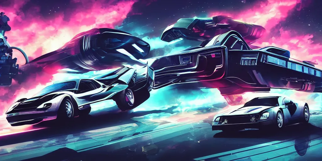 Image similar to high octane car chase, futuristic, sci - fi, vaporwave, wide shot, digital art, detailed