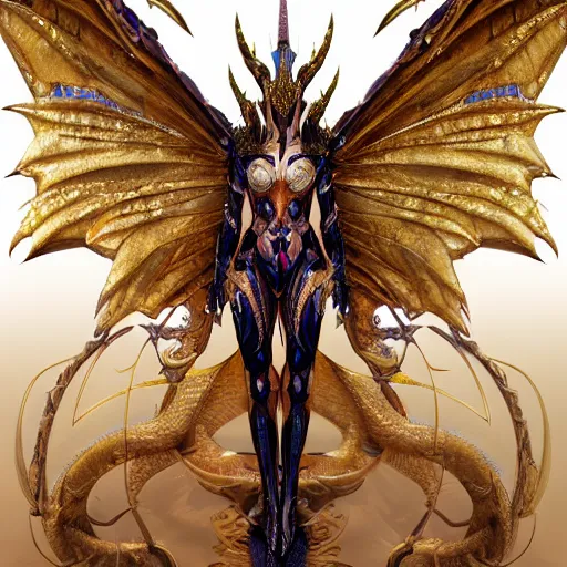 Image similar to a beautiful symmetrical muscular full body wearing a dragon armor with wings made of golden ornaments and gems, by alex gray and android jones , Karol Bak, Ayami Kojima, Amano , concept art, character design, fantasy,3D, 8k resolution