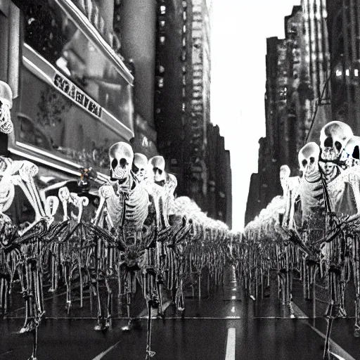 Prompt: photo, a giant crowd of silvery shiny refective black latex claymation skeletons by ray harryhausen inside a 1980's new york nighttime street, dramatic lighting, blue moonlight, distant flickering street light, edge lighting, ray traced lighting