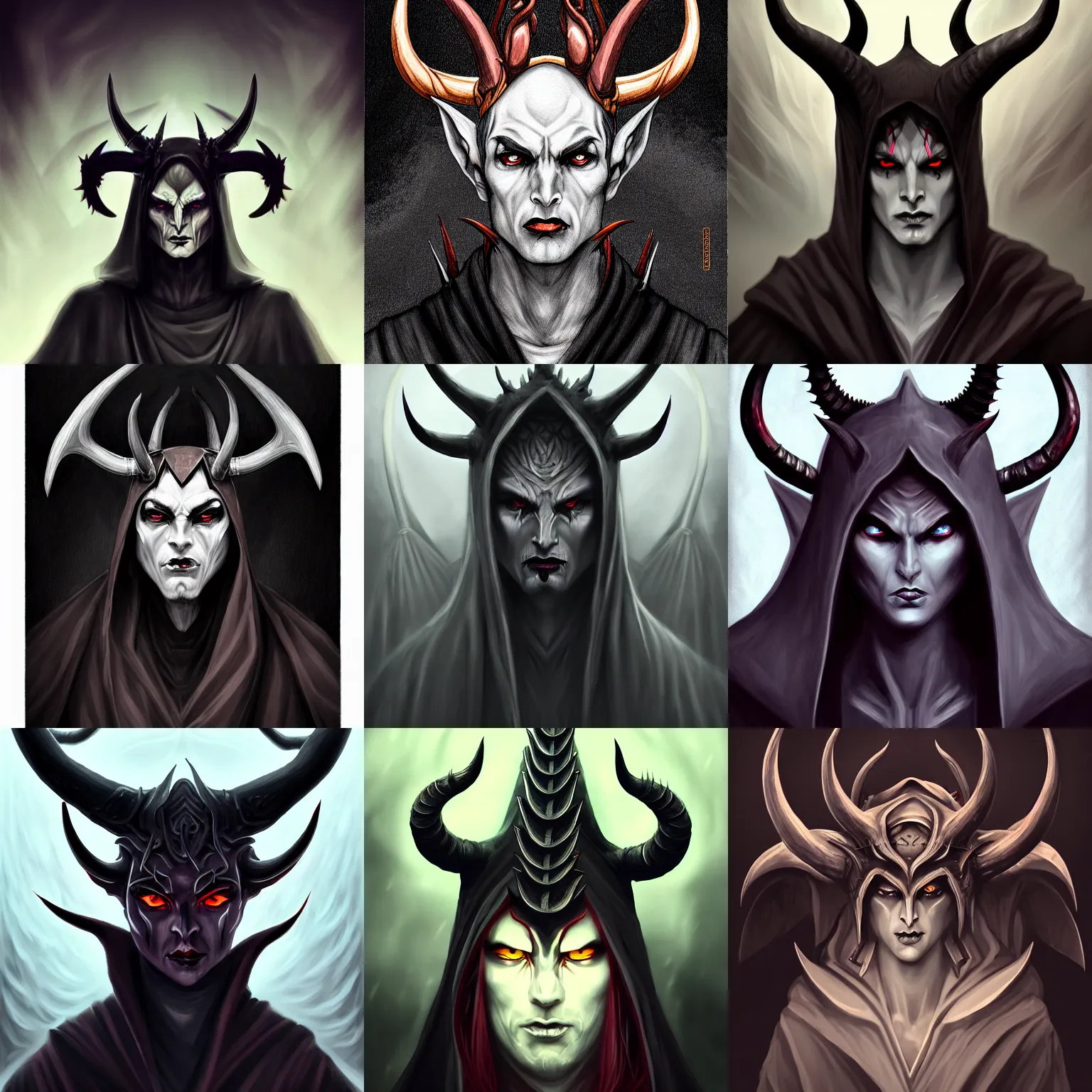 Prompt: photo of powerful demon with horns, wearing dark robes, elegant, matte, surreal, thorn halo, fantasy, highly detailed, sharp focus, illustration, digital painting