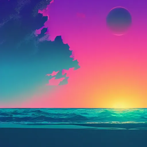 Image similar to Beautiful vaporwave ocean horizon, theres an alien planet in the distance over the horizon, viewed from the beach, digital art, trending on artstation