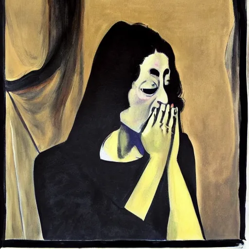 Image similar to This painting was painted in 1937 during the Guerra Civil Española. The woman in the painting is weeping. She is wearing a black dress and a black veil. Her face is distorted by grief. The painting is dark and somber. by Alice Neel rhythmic