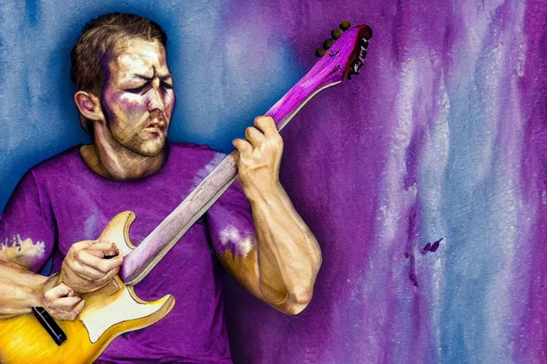 Image similar to dripping purple faded paint across the shape of a male human playing guitar, realistic, high detail, on a white background