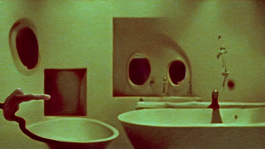 Image similar to the creature in the sink, they taunt me, film still from the movie directed by wes anderson and david cronenberg with art direction by salvador dali and zdzisław beksinski, wide lens