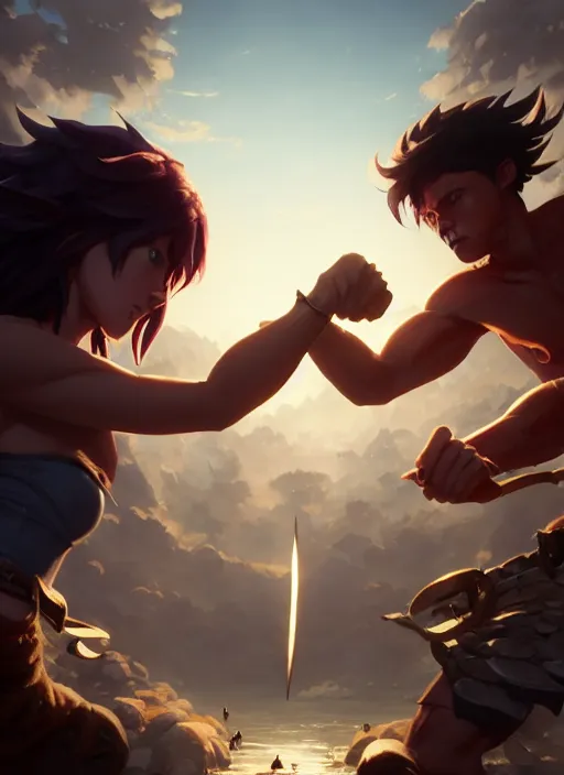 Image similar to highly detailed portrait of barbarians fist bumping in front of swords, lightning in background, video game cover art,, unreal engine, fantasy art by greg rutkowski, loish, rhads, makoto shinkai and lois van baarle, ilya kuvshinov, rossdraws, tom bagshaw, global illumination, radiant light, detailed and intricate environment