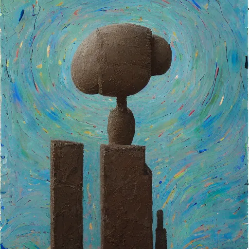 Prompt: a detailed impasto painting by shaun tan and sarah zhe of an abstract forgotten sculpture by the caretaker and ivan seal