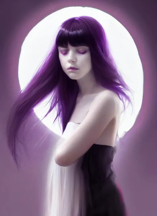 Image similar to portrait of teenage girl, red irises, bangs, black and white hair, white bangs, purple clothes, white bangs, two color hair, black hair and white bangs, intricate, elegant, glowing lights, highly detailed, digital painting, artstation, concept art, smooth, sharp focus, illustration, art by wlop, mars ravelo and greg rutkowski