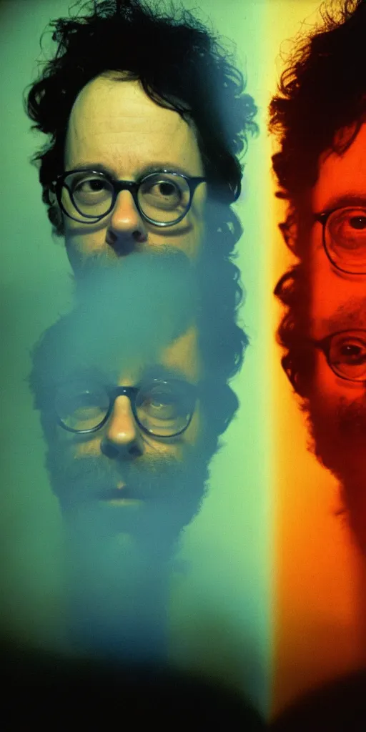 Image similar to award winning photo of todd solondz charlie kaufman smoking weed, vivid colors, happy, symmetrical face, beautiful eyes, studio lighting, wide shot art by Sally Mann & Arnold Newman