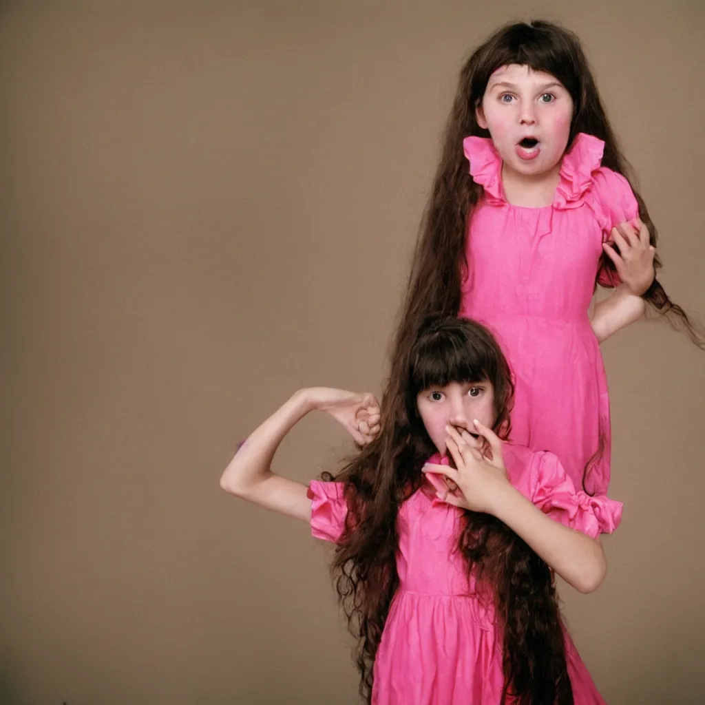 Image similar to wide shot, dark haired 10 year old girl in a pink dress looking at the camera with one hand over her mouth, surprised expression, 1990s bedroom