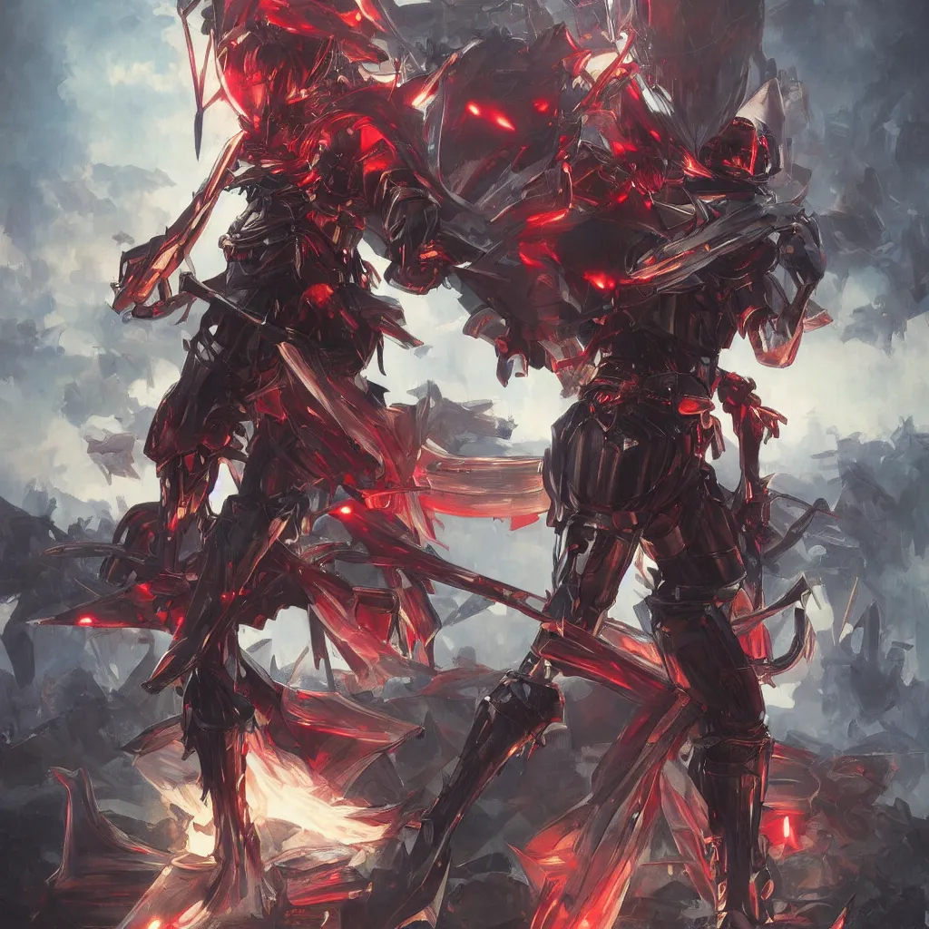 Prompt: A single humanoid knight stood wearing black plate armour, one-eyed, emitting evil red aura, armour merging with body, full body shot, anime style, 90's modern art, art by artgerm and greg rutkowski and alphonse mucha