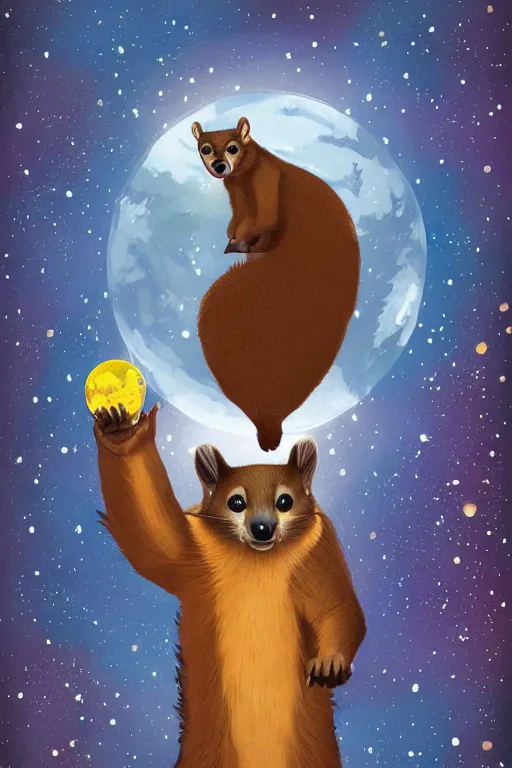 Image similar to giant pine marten in space holding a planet, digital art, trending on artstation, highly detailed, minimalistic art