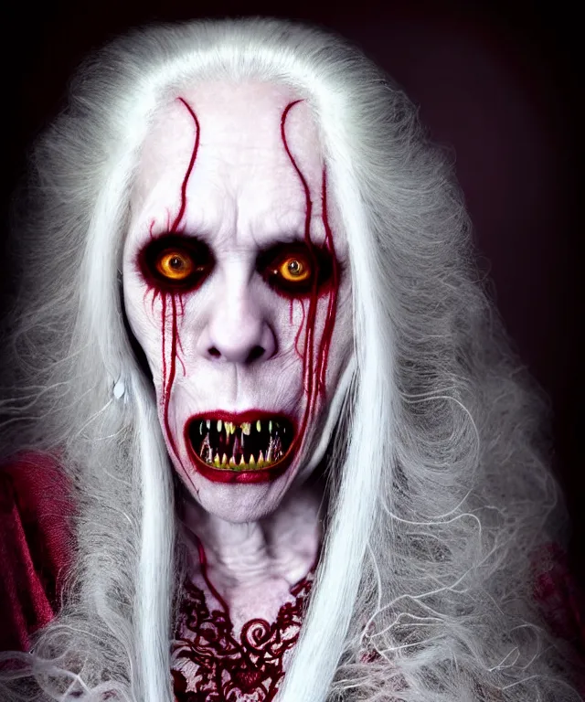 Prompt: surreal highly detailed portrait of a beautiful elder female vampire, long flowing silver hair, depressing hopeless horrific vibe, 150 mm lens, soft rim light, fine floral white lace collar, bold crimson ornate robes, pronounced facial contouring, devious evil expression displaying vampire fangs, Alexander McQueen, high fashion, haute couture, rococo, anatomical, elegant, hyper realistic, octane render, unreal engine, by Man Ray and Dora Maar, volumetric lighting, 8k, vibrant reflective metallic coloring