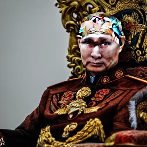 Image similar to A photo of vladimir putin the barbarian sitting on his throne, award winning photography, sigma 85mm Lens F/1.4, perfect faces