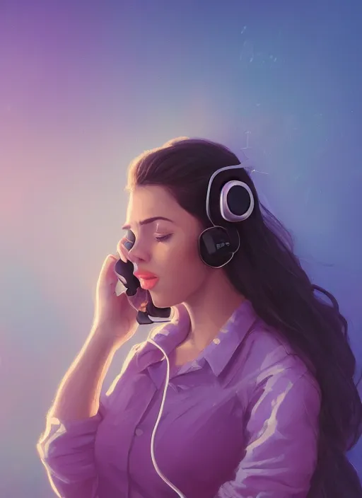 Prompt: portrait of a beautiful female telemarketer wearing a headset, hot bank, cloud, fume, smoke, gauze, haze, mist rising from head, Alena Aenami, Petros Afshar, Noah Bradley, Anton Fadeev, Anato Finnstark, Steve Henderson, Filip Hodas, Mark Keathley, Thomas Kinkade, Phil Koch, Gilbert Williams, Mike Winkelmann, Beeple