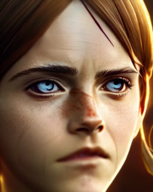 Image similar to emma watson as an azctec warrior, detailed perfect face, exquisite details, fire magic, mid view, design on a white background, by studio muti, greg rutkowski makoto shinkai takashi takeuchi studio ghibli