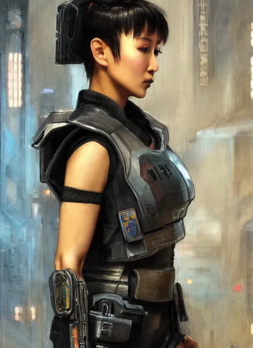 Image similar to chun li. cyberpunk police trooper in a military vest ( blade runner 2 0 4 9, cyberpunk 2 0 7 7 ). orientalist portrait by john william waterhouse and james gurney and theodore ralli and nasreddine dinet, oil on canvas. cinematic, hyper realism, realistic proportions, dramatic lighting, high detail 4 k