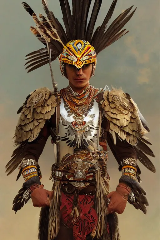 Image similar to an Aztec Eagle warrior wearing an eagle helmet and wooden feathers on his arms, fantasy, intricate, cinematic lighting, highly detailed, beautiful, digital painting, artstation, masterpiece, concept art, smooth, sharp focus, illustration, art by Artgerm and Greg Rutkowski and Alphonse Mucha and william-Adolphe Bouguereau