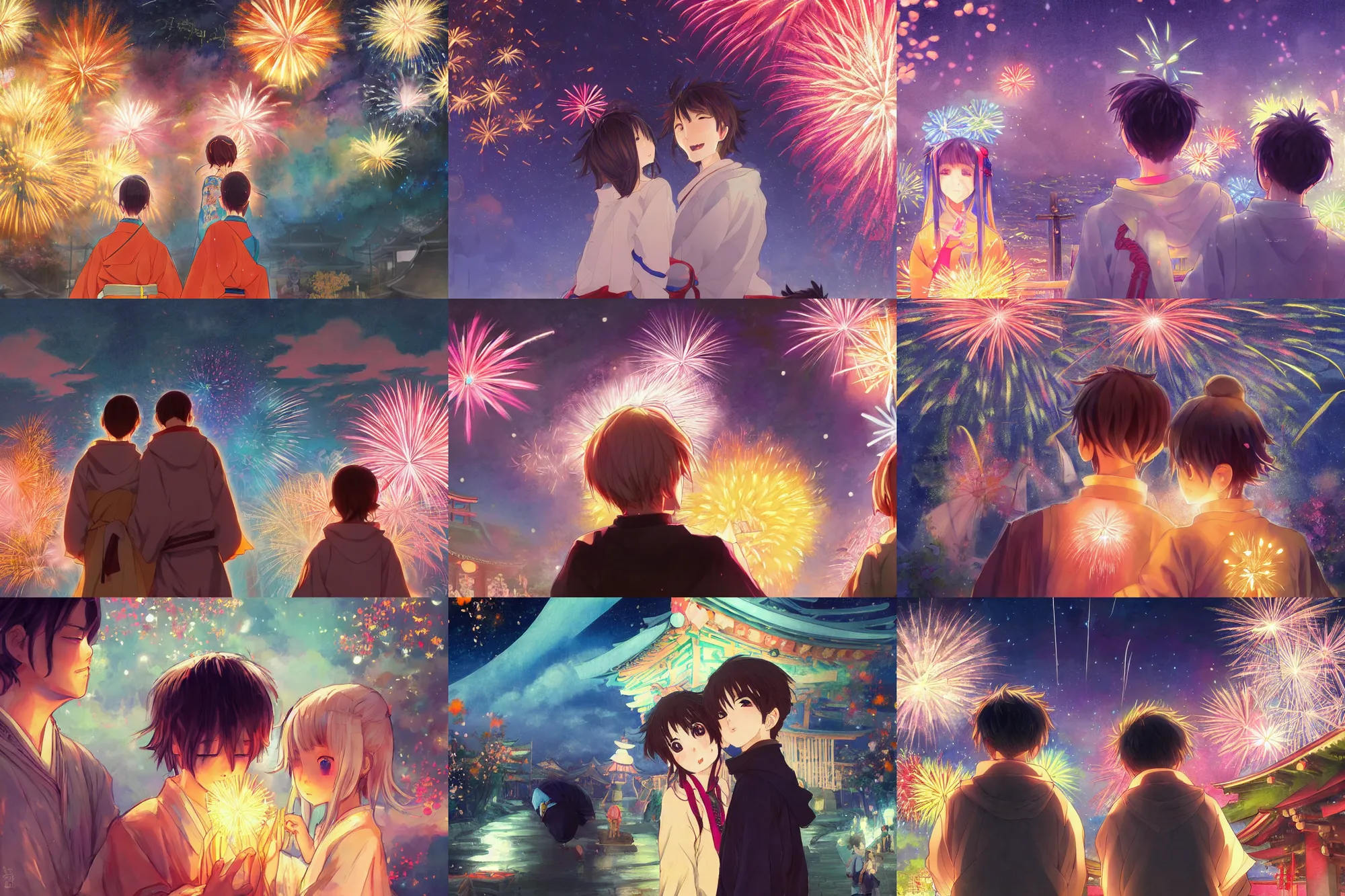 Image similar to beautiful anime painting of a boy and a girl from behind at a shinto shrine looking up at the night sky illuminated by colorful new years fireworks, by WLOP and Slawek Fedorczuk and rossdraws, trending on artstation, concept art