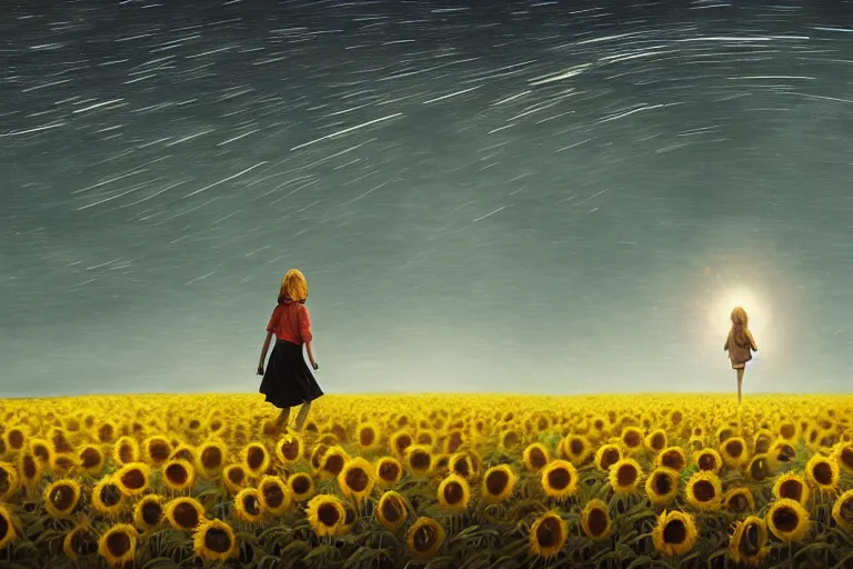 Image similar to huge sunflower head, girl walking in wheat field, hills, surreal photography, dark night, star trails, dramatic light, impressionist painting, clouds, digital painting, artstation, simon stalenhag