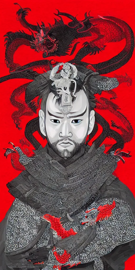 Prompt: “a portrait of samurai with red dragon’s head, detailed hd digital painting”