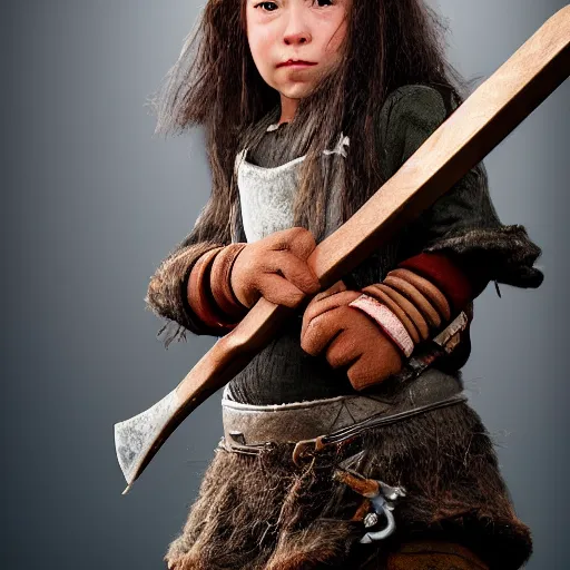 Image similar to photorealistic photograph of female dwarf with axe by Suzi Eszterhas, photorealism, photorealistic, realism, real, highly detailed, ultra detailed, detailed, f/2.8L Canon EF IS lens, Canon EOS-1D Mark II, Wildlife Photographer of the Year, Pulitzer Prize for Photography, 8k