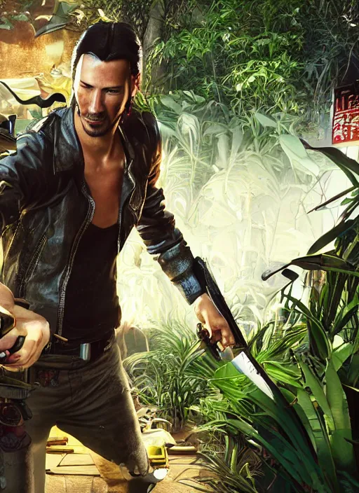 Image similar to wake up samurai, solarpunk, lots of plants, gardening, permaculture, keanu reeves as johnny silverhand, cyberpunk 2 0 7 7, anarchy, realistic, ultra detailed