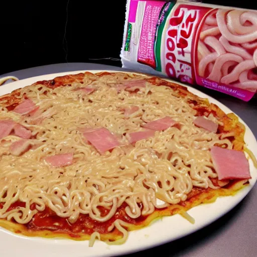 Prompt: ramen noodle and ham pizza with pepto bismol sauce.