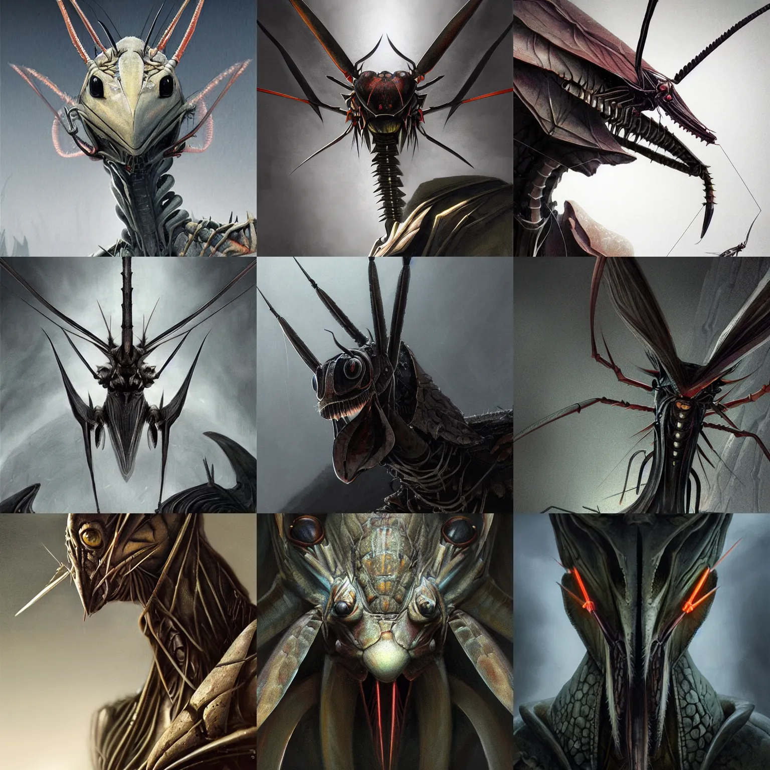 Prompt: close - up concept art of a mantis assassin, triangle - shaped hestiasula head with thin thread - like antennae, flat triangular head, mantid features, anatomically correct, hyperrealistic, fantasy art, moody lighting, by greg rutkowski, giger, ian miller, deviantart, trending on artstation, concept art, sharp focus, octane render