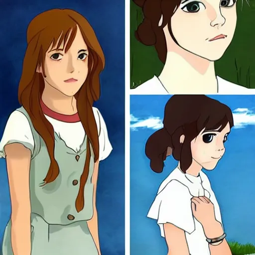 Image similar to emma watson in the style of studio ghibli