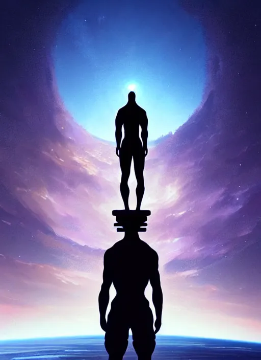 Image similar to symmetry!! landscape of a silhouette man standing on neptune, looking out into the vastness of space, digital art, art by artgerm greg rutkowski and andreas rocha, cinematic lighting, highly detailed, warm colours, 8 k