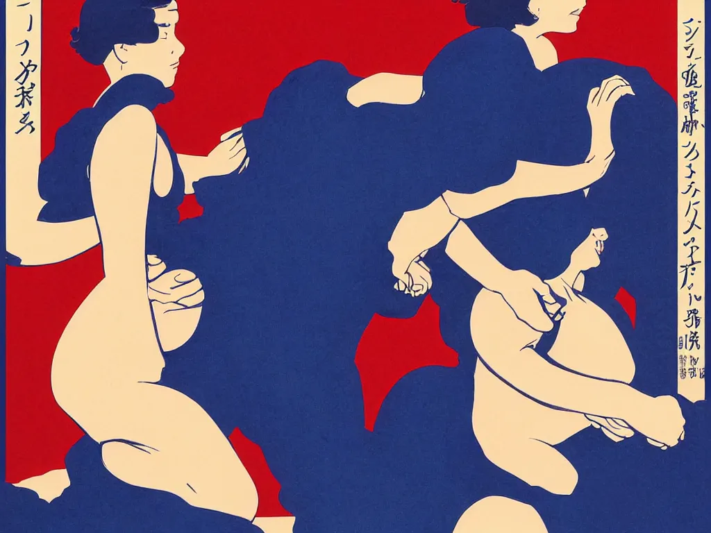 Image similar to A beautiful girl is pregnant with twins. One has mutant blood., flat design, screen print by Kawase Hasui, jeffrey smith and Yves Klein