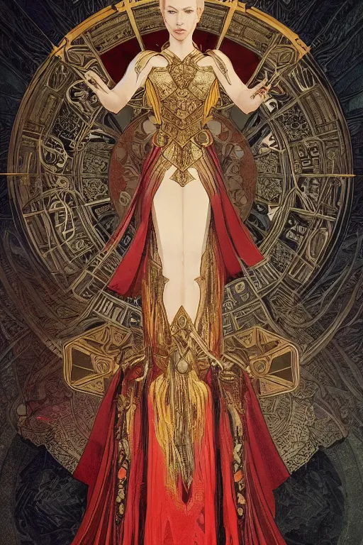 Image similar to tarot card, the emperor, armored woman, looks like cate blanchett, beautiful, medieval, super detailed, ornate, by alphonse mucha, artstation, greg rutkowski, symmetry, red, gold, white, black, 8 k