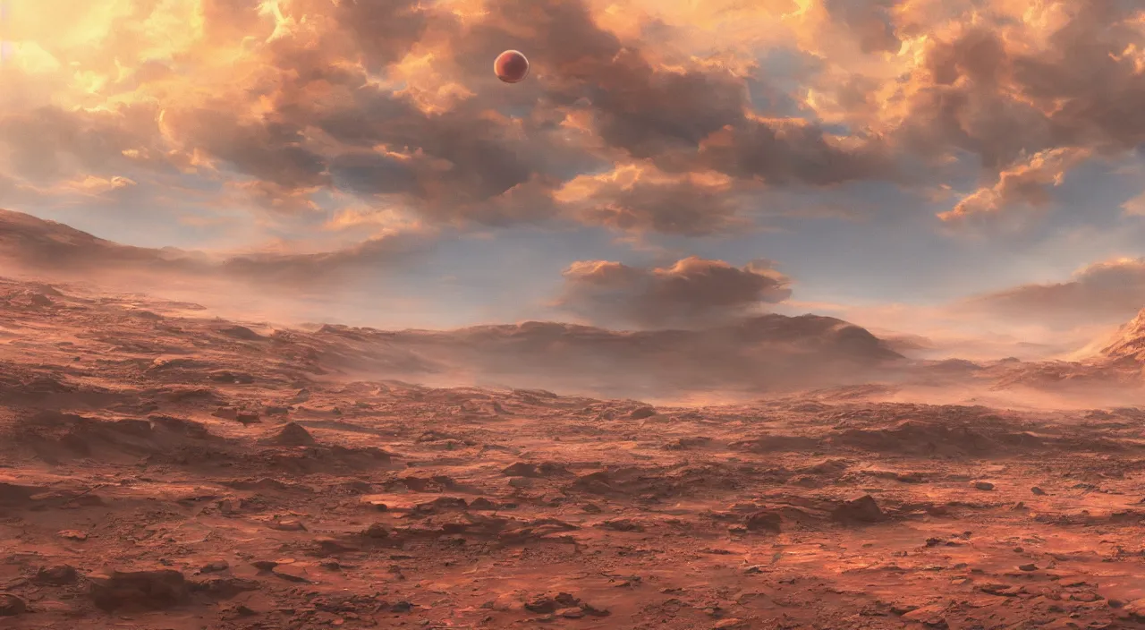 Prompt: Massive drops of water in a cloudless Mars sky, sunny weather, saturated colors, hyper detailed photorealistic