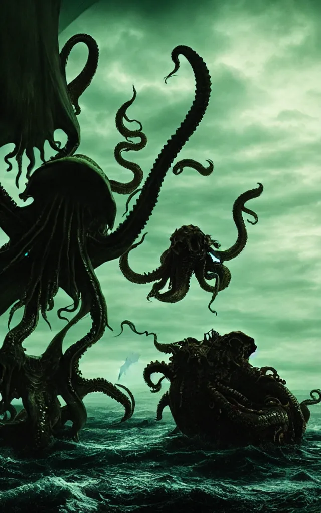 Image similar to pirates fighting cthulhu, cinematic atmosphere, maximized, high detail, 8k, ornate, dark fantasy, masterpiece, complex, film still from the movie directed by Denis Villeneuve