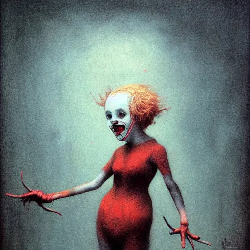 Image similar to cute young female sadistic clown by beksinski