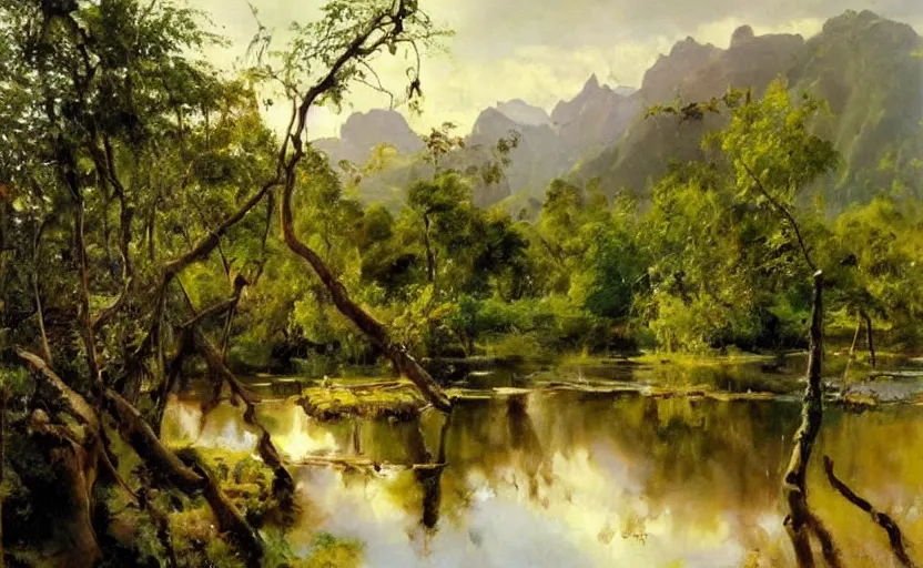 Prompt: oil painting lanscape by anders zorn, jungle nature, fruit trees, very very very very beautiful art, dramatic light, water reflections, tall rocky mountains