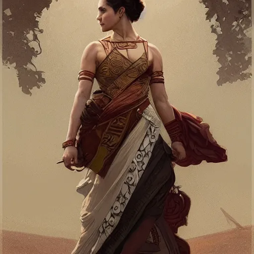 Image similar to Melissa Fumero as a noble in the Mycenaean period, intricate, highly detailed, digital painting, artstation, concept art, sharp focus, illustration, art by greg rutkowski and alphonse mucha