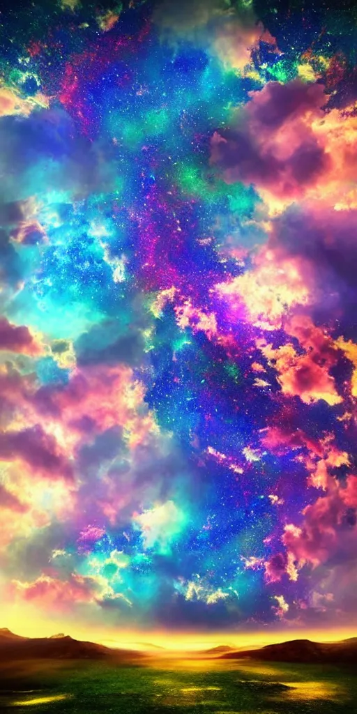 Image similar to hyper realistic photo of beautiful dreamy sky full of a billion rainbow stars, yoda, hyper realistic, fractal art, art station, coherent design, symmetrical, vivid colour, complementary colour, golden ratio, detailed, sharp lines, intricate, rainbow shift, in unreal 3 d engine, ray tracing, octane render