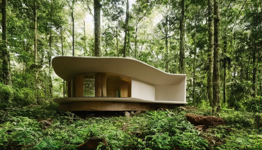 Image similar to A wide image of a full innovative contemporary 3D printed prefab sea ranch style cabin with rounded corners and angles, beveled edges, made of cement and concrete, organic architecture, in a lush green forest Designed by Gucci, Balenciaga, and Wes Anderson, golden hour