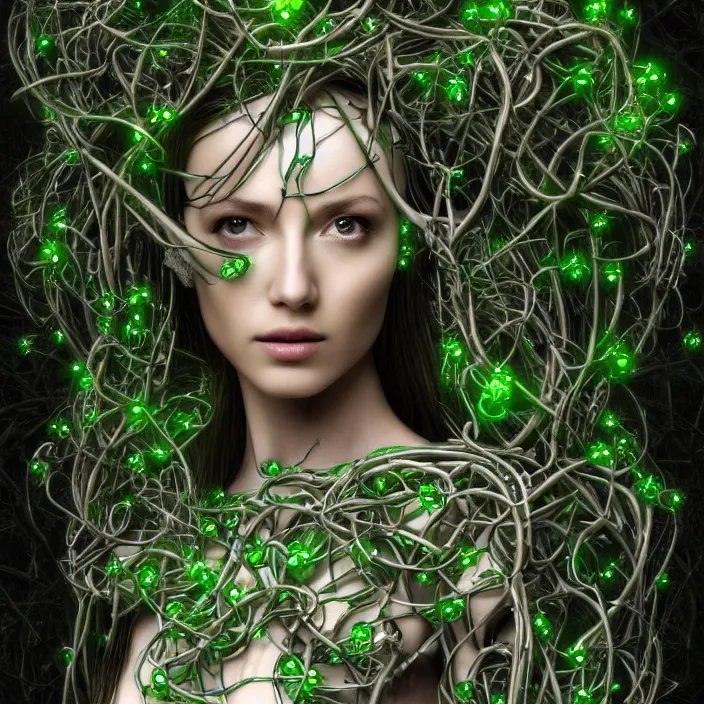 Prompt: digital ai robotic woman goddess, artificial intelligence, portrait, titanium, entwined in vines, branches and ivy, dark forest theme, sci - fi art, highly detailed, elegant, hyper - realistic