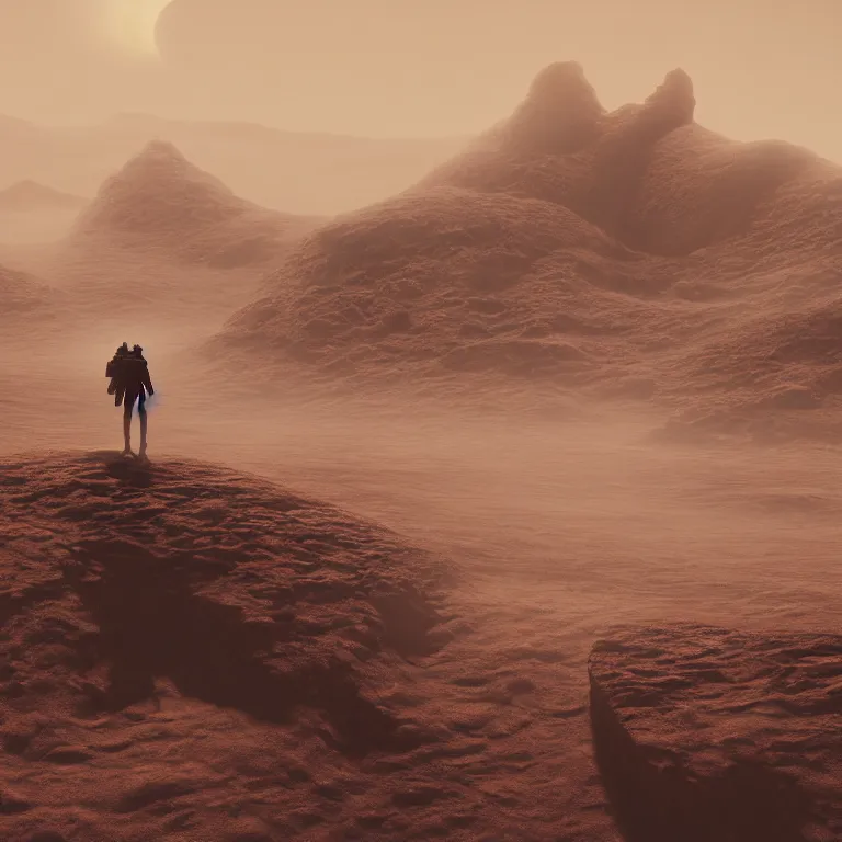 Image similar to singularity, lonely silhouette on a desert planet with three moons, highly detailed rock formations, sand storm, low camera angle, atmospheric establishing shot, cinematic lighting, octane renderer, 4k,