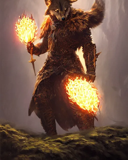 Prompt: oil painting of Anthropomorphized magical Wolf Hunter wearing intricate fur armor, sharp focus, holding magical fiery Sword, Hat, magical aura, heroic pose, fantasy style, octane render, volumetric lighting, 8k high definition, by greg rutkowski, highly detailed, trending on art Station, magic the gathering artwork, magical Battlefield backround, centered