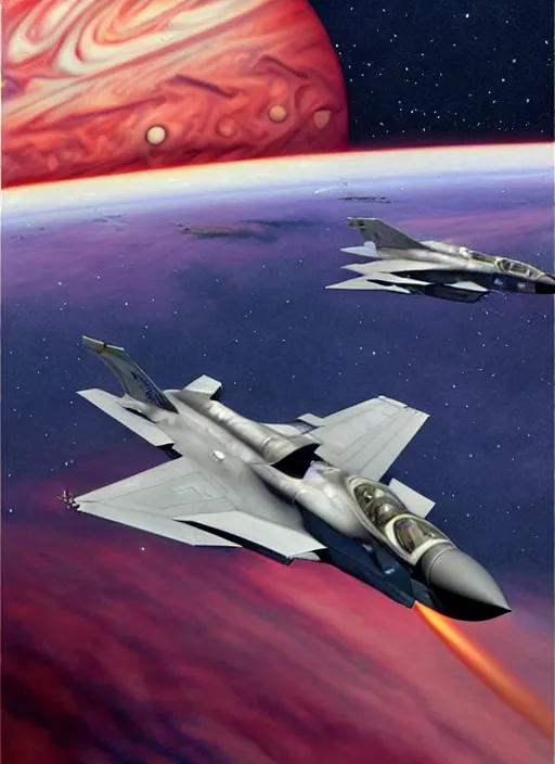 Image similar to poster artwork by michael whelan and tomer hanuka, a portrait, f 3 5 jets dogfighting in the clouds of jupiter, clean