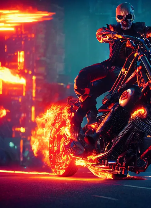 Image similar to epic wicked evil nasty filthy cyberpunk ghost rider, 8K, trending on ArtStation, vivid colors, grungy, photographic emulsion, horror masterpiece, cinematic lighting, still from dramatic action sequence, grattage