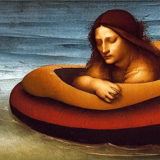 Image similar to Oil painting by Leonardo da Vinci of a Human Rights Watch employee sleeping on an inflatable raft in the ocean