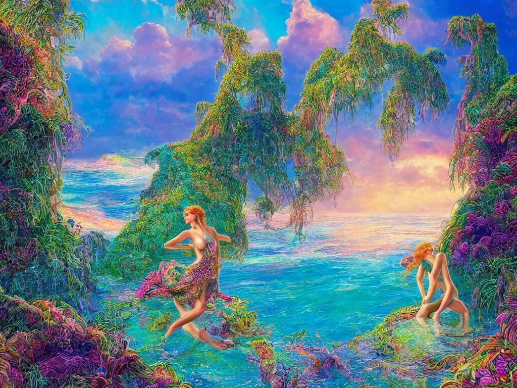 Image similar to Island beach cove of my wildest dreams, iridescent, Kauai, Sunlight Study, by Hans Zatzka and (((((((Lisa Frank))))))), Art Nouveau, 8k