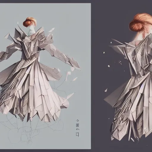 Prompt: 3 / 4 view of a beautiful girl wearing an origami dress, eye - level medium shot, elegant, by esao andrews, by eiko ishioka, by peter mohrbacher, centered, high depth of field, origami, three - view reference sheet, detailed illustration, japanese, reallusion character creator, depth perception, 4 k, deviantart