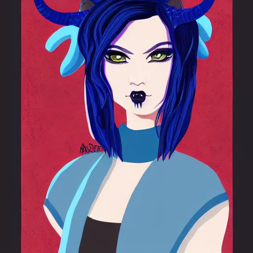 Prompt: illustrated portrait of ram-horned devil woman with blue bob hairstyle and hex #FFA500 colored skin tone and with solid black eyes and black sclera wearing leather by rossdraws