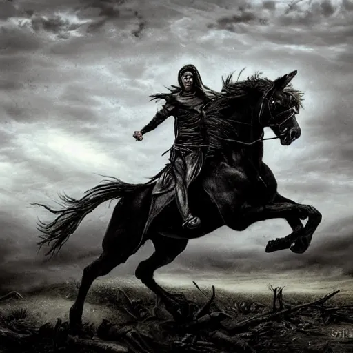 Prompt: the third horseman, famine on a black horse, giant, dark fantasy, evening, grey clouds, dead forest background, highly detailed, realistic, storm, medieval, dramatic lighting, painting